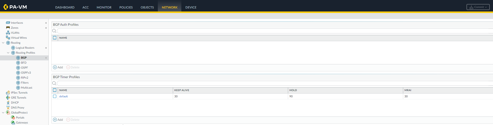 Routing Profiles > BGP tab showing different profile types.
